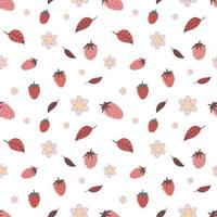 Strawberries with pink and red leaves and white flowers seamless pattern vector