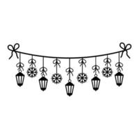 Christmas garland of lanterns and snowflakes, black outline in doodle style vector