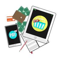 Vector creative design, Pay or buy products online with mobile phones.