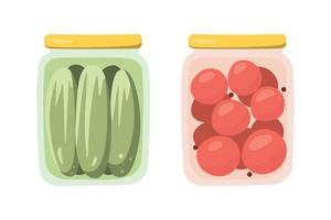 Canned pickled tomatoes and cucumbers in banks. Isolated objects in flat style. Vector illustration