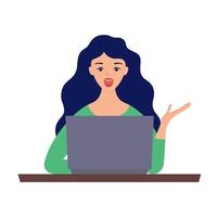 Surprised and delighted woman and a laptop. Woman work at computer. Girl looking at laptop. vector