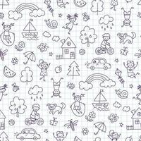 Seamless pattern with doodle children, house, summer, sun. Hand drawn funny little kids play, run and jump. Cute children drawing. Vector illustration in doodle style on squared notebook background