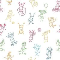 Seamless pattern with doodle children. Hand drawn funny little kids play, run and jump. Color cute children crayon drawing. Vector illustration in doodle style on white background