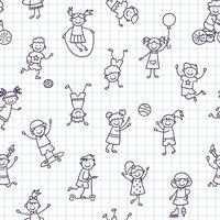 Seamless pattern with doodle children. Hand drawn funny little kids play, run and jump. Cute children drawing. Vector illustration in doodle style on squared notebook background