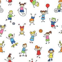 Seamless pattern with doodle children. Hand drawn funny little kids play, run and jump. Color cute children drawing. Vector illustration in doodle style on white background