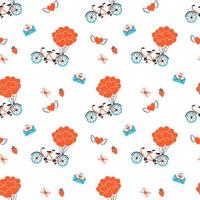 Valentines Day texture. Seamless pattern with hearts, tandem bicycle and mail envelopes. Wedding seamless pattern. Symbol of love. Hand drawn vector illustration on white background
