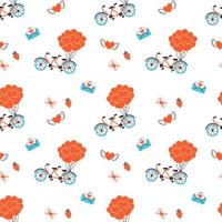 Valentines Day texture. Seamless pattern with hearts, tandem bicycle and mail envelopes. Wedding seamless pattern. Symbol of love. Hand drawn vector illustration on white background