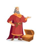 King holds a gold coins in his hands. Treasure of gold wealth with bright sparkles, coins scatter. vector