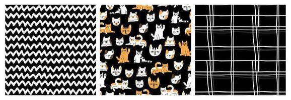 Conjunto de líneas abstractas en zigzag, gatos y perros, animales dibujados a mano patrones infantiles sin costura. vector, negro, blanco, amarillo, ilustraciones vector