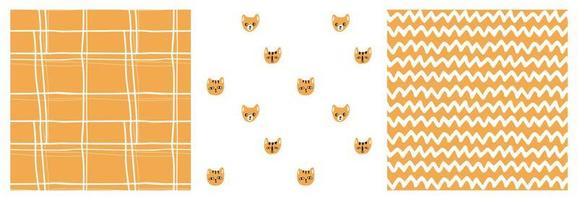 Set of cute abstract and cats heads animals childish seamless patterns. Collection of Vector hand drawn illustrations in black and mustard colors on white background