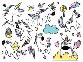 colección de dibujos animados unicornio doodle vector