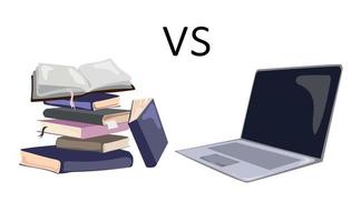 Laptop vs stack of books.Vector illustration of heap of books with laptop isolated on white background. Education concept. vector