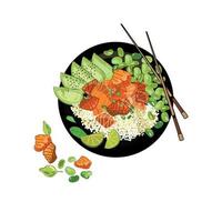 Salmon rice teriyaki bowl avocado top view, hand drawn in realistic cartoon style, isolated on white background. Salmon slices with broccoli and rice. Vector illustration. Asian food