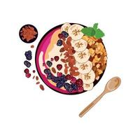 Acai Smoothie Bowl with banana, blackberry, cereal, raspberry, almond, top view.Vegan smoothie bowl with berries, hand drawing on a yellow background.Healthy vegan dessert.Vector,flat lay healthy food vector