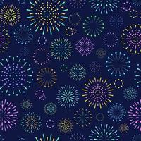 Seamless pattern with flat geometric Japanese style round fireworks. Gorgeous abstract fireworks on dark blue background, Japanese pattern for print, fabric, background. vector