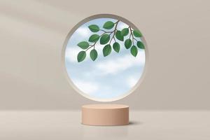 Realistic 3D beige cylinder pedestal podium with green leaf and blue sky in circle window. Vector abstract studio room with geometric platform. Minimal scene for products showcase, Promotion display.