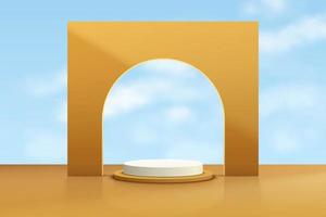 White and yellow realistic 3D cylinder pedestal podium with cloud blue sky in the arch door. Vector abstract studio room with geometric platform. Minimal scene for products showcase, Promotion display