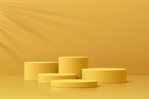 Realistic yellow 3D cylinder pedestal podium set with leaf shadow overlay. Minimal scene for products showcase, Promotion display. Vector abstract studio room platform design. Stage for showcase.