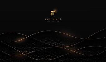 Abstract curve wavy layers overlapping on black background with golden light lines and glowing dots elements combinations. Luxury and elegant style. VIP invitation banner with copy space. Vector EPS10