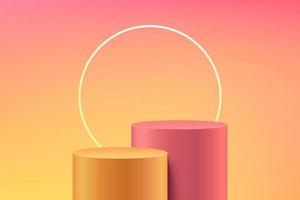 Yellow and red realistic cylinder pedestal or stand podium with glowing circle backdrop. Vector abstract studio room with 3D geometric platform. Minimal scene for products showcase, Promotion display.