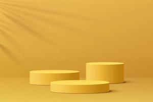 Realistic yellow 3D cylinder pedestal podium set with leaf shadow overlay. Minimal scene for products showcase, Promotion display. Vector abstract studio room platform design. Stage for showcase.