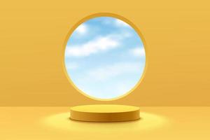 Podio de pedestal de cilindro 3d amarillo realista con nubes cielo azul en ventana circular. Escena mínima para escaparate de productos, exhibición de promoción. diseño de plataforma de sala de estudio abstracto de vector. escaparate del escenario. vector