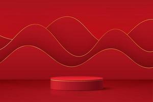 Realistic red 3D cylinder pedestal podium with layers wavy shape background. Minimal scene for products showcase, Promotion display. Abstract studio room platform design. Happy lantern day concept. vector