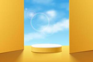 Realistic yellow 3D cylinder pedestal podium with clouds blue sky in squares backdrop. Minimal scene for products showcase, Promotion display. Vector abstract studio room geometric platform design.