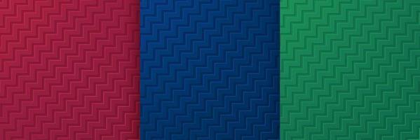 Set of 3D serrated lines texture on dark red, blue and green background. Collection of modern zigzag line templates in trendy color design. Minimal wavy line  pattern background. Vector illustration