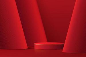 Podio de pedestal de cilindro 3d rojo oscuro realista con fondo de capas de pilar rojo. Escena mínima para escaparate de productos, exhibición de promoción. plataforma de sala de estudio abstracto. concepto de feliz día de la linterna. vector