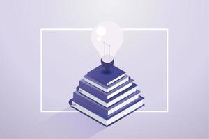 Light bulbs on a stack of books in background trendy very peri colors. vector