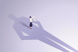 Woman talks into a megaphone against a large man's shadow. vector