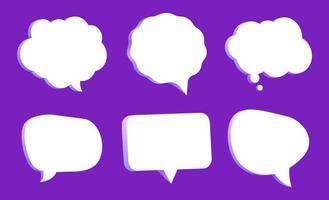 Conjunto de colección de iconos de chat de burbujas de discurso púrpura 3d y banner de concepto de pegatina. concepto de mensajes de redes sociales. Ilustración de render 3d vector
