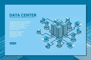 Concept of data network management . Vector isometric map with business networking servers computers and devices. Cloud storage data and synchronization of devices. Vector illustration