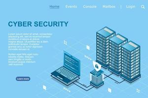 Network cyber security isometric vector illustration. Online server protection system concept with data center. Vector illustration