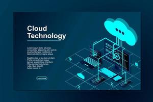 vector 3d red de ilustración isométrica con computadora, computadora portátil, tableta y teléfono inteligente. concepto de tecnología isométrica 3d de almacenamiento en la nube. tecnología de nube isométrica con nube. tecnologías modernas en la nube.