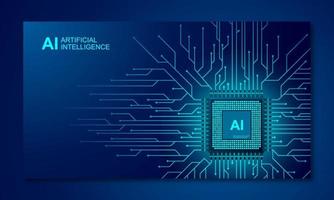 Artificial intelligence web banner. 3D isometric illustration of a processor chip. The process of data processing. Developments in modern technologies. Microcircuits on neon glowing background vector