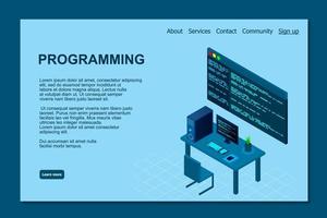 Programming or Software development web page template. Vector illustration with laptop isometric view and program code on screen. Programming concept. vector illustration