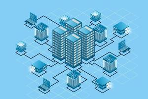 concepto de gestión de redes de datos. vector mapa isométrico con equipos y dispositivos de servidores de redes empresariales. datos de almacenamiento en la nube y sincronización de dispositivos. ilustración vectorial
