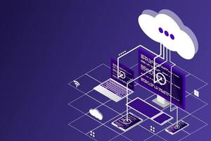 vector 3d red de ilustración isométrica con computadora, computadora portátil, tableta y teléfono inteligente. concepto de tecnología isométrica 3d de almacenamiento en la nube. tecnología de nube isométrica con nube. tecnologías modernas en la nube.
