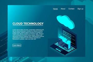 Isometric cloud technology with folder data and laptop. Cloud technology computing concept. Vector illustration