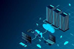 Cloud computing concept isometric vector illustration. Isometric cloud technology with datacenter. Server, desktop computer, laptop, smartphone, and folder connected to cloud service