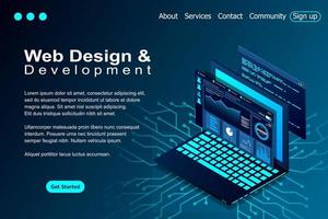 Web design and development vector isometric illustrations. web design development concept programming language program code big data processing on laptop screen. Vector illustration