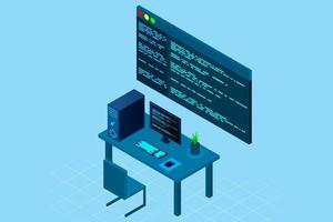 Programming or Software development web page template. Vector illustration with laptop isometric view and program code on screen. Programming concept. vector illustration