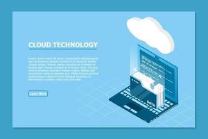 Isometric cloud technology with folder data and laptop. Cloud technology computing concept. Vector illustration