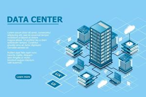 Concept of data network management . Vector isometric map with business networking servers computers and devices. Cloud storage data and synchronization of devices. Vector illustration