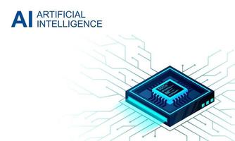 Isometric Artificial intelligence web banner. 3D isometric illustration of a processor chip. The process of data processing. Developments in modern technologies. Microcircuits on neon vector