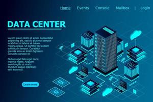 Concept of data network management . Vector isometric map with business networking servers computers and devices. Cloud storage data and synchronization of devices. Vector illustration