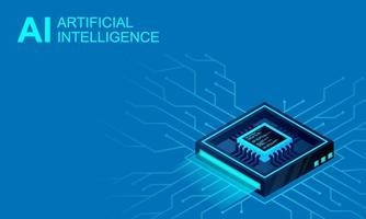 Isometric Artificial intelligence web banner. 3D isometric illustration of a processor chip. The process of data processing. Developments in modern technologies. Microcircuits on neon vector