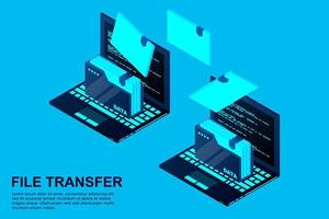 vector de transferencia de archivos de computadora isométrica. dos computadoras portátiles con carpetas envían y cargan documentos. ilustración vectorial.